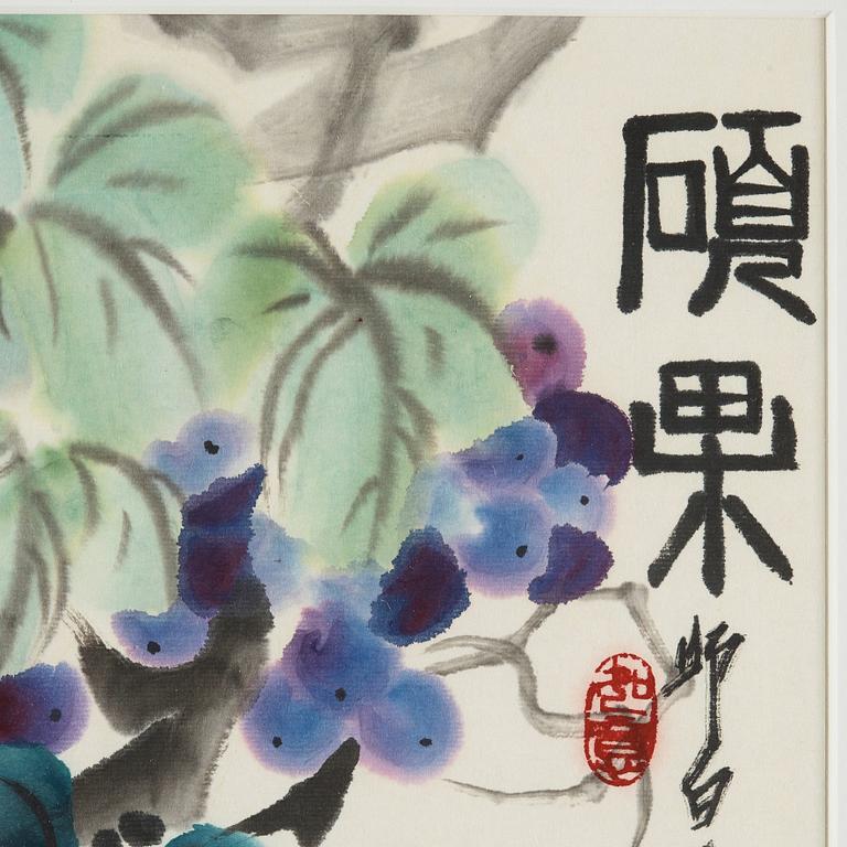 A painting by Deng Baiyuejin (1958-), "Grapes", signed.
