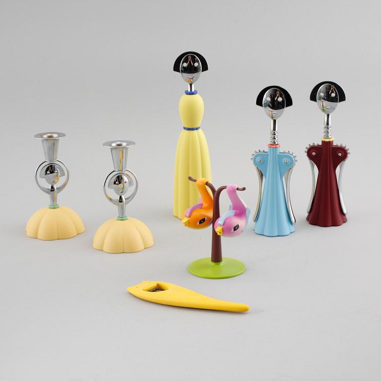 Seven items by Alessi, in plastic and metal, made in Italy around year 2000.