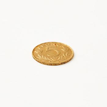 Gold  coin, Gustav V, Sweden, 5 kronor, 1920.