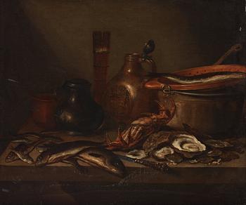 515. Pieter Claesz Hans krets, Stilleben med fiskar, krabba, ostron och krus.