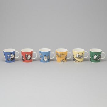Six moomin character mugs, Arabia Finland, in production between 1990-1996.