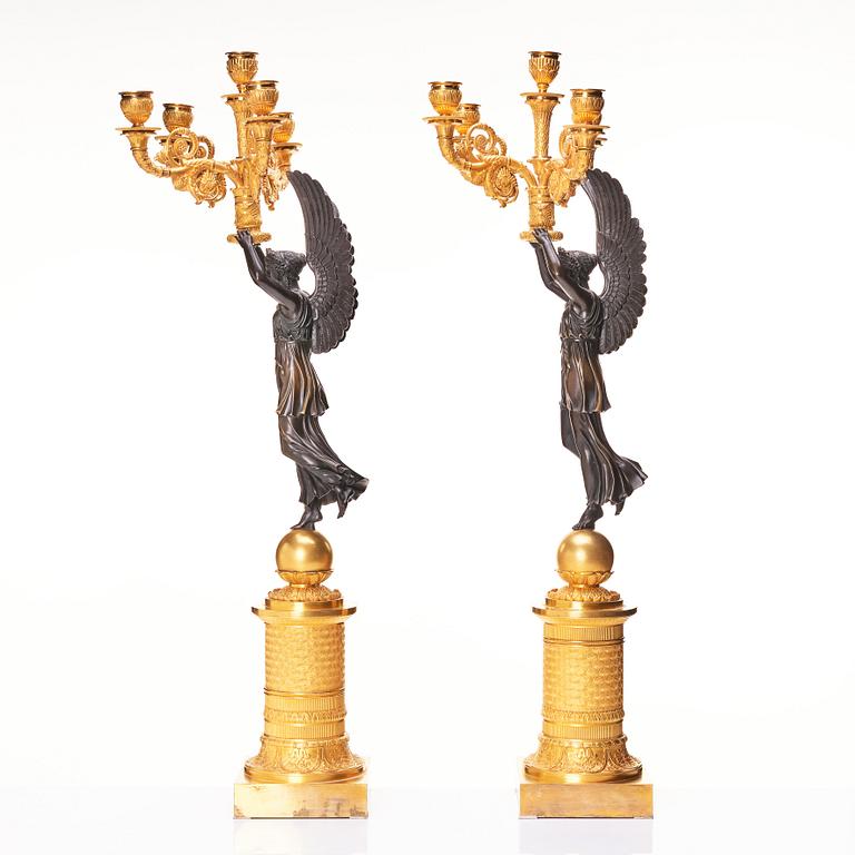 A pair of French Empire five-light candelabra attributed to Pierre Chibout / Chiboust, early 19th century.