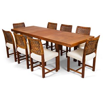 Carl Gustaf Hiort af Ornäs, a mid-20th Century dining table and eight chairs for  för HMN Huonekalu Mikko Nupponen.