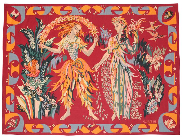 TAPESTRY. "Vår-Sommar". Tapestry weave (gobelängteknik). 162 x 220 cm. Signed PF G. DEVÈCHE.