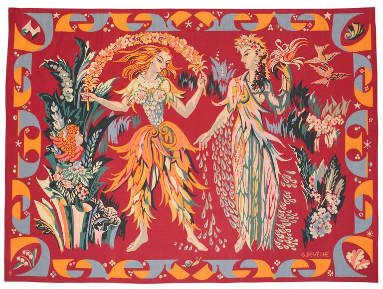 TAPESTRY. "Vår-Sommar". Tapestry weave (gobelängteknik). 162 x 220 cm. Signed PF G. DEVÈCHE.