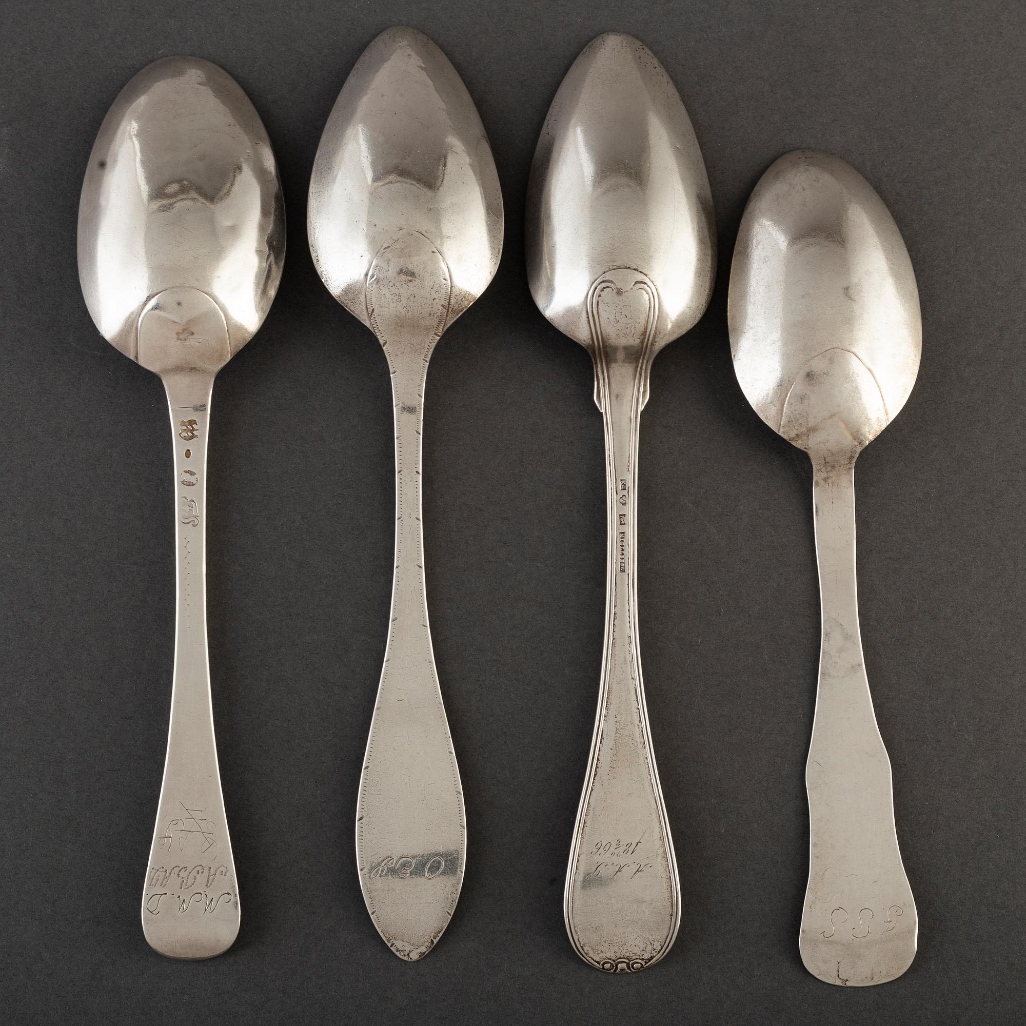 Skedar, 4 st olika, silver, 17-/1800-tal, bl a Otto Wilhelm Kjellberg, Västerås 1840.