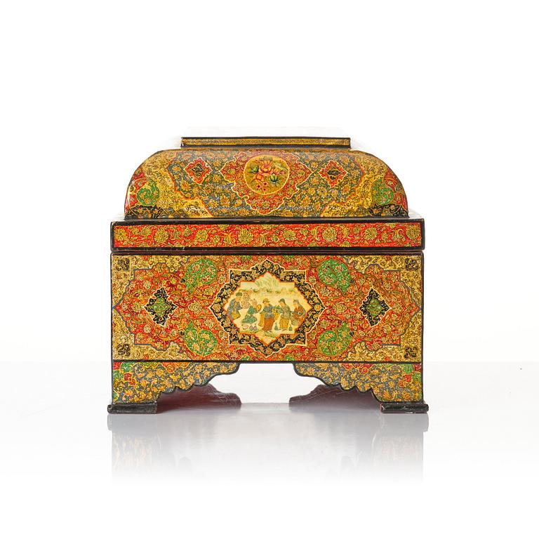 A large persian 'Safavid Revival' lacquer papier-mâché casket, Qajar dynasty.