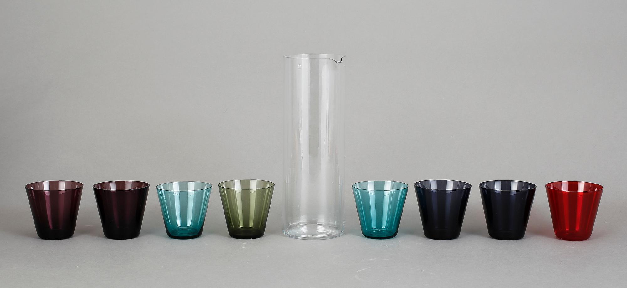 KARAFF och GLAS, 8 st, Kaj Franck, Nuutajärvi, Notsjö, Finland, 1950-tal.