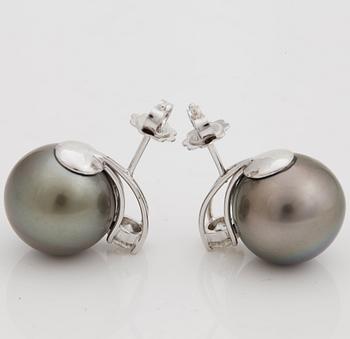 A pair of cultured Tahiti pearl and brilliant cut diamond earrings.