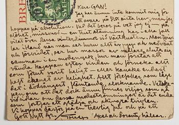 ERIK OLSON, illustrated postcard/Christmas card addressed to GAN (Gösta Adrian-Nilsson) in Paris, postmarked 16/12 1921.