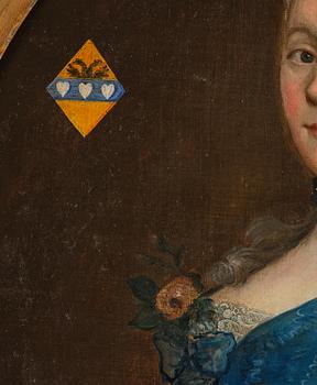 Unknown artist, 19th century, Noblewoman with a Dog, coat of arms featuring three hearts and a double-headed eagle.