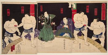 UTAGAWA KUNIAKI (1835-88) triptyk, color woodblock print. Japan, 1877. 'Umegatan vs Sakaigawa'.