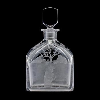 KARAFF med PROPP, glas, Orrefors, Edward Hald, signerad, 1900-talets mitt.