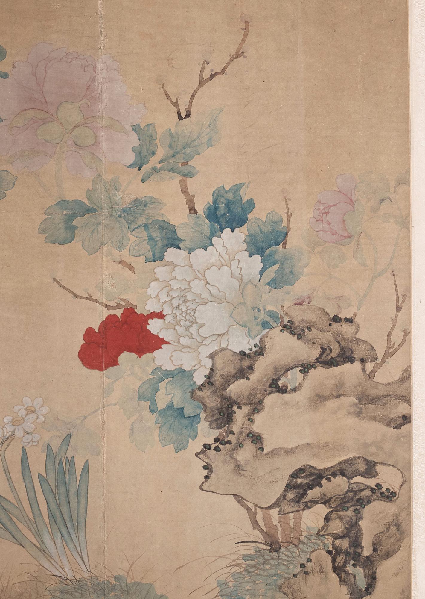 A Chinese scroll painting/wall paper-panel, ink and colour on paper, after Jiang Tingxi (1669-1732), Qing dynasty.