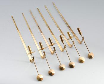 VÄGGLAMPETTER, 6 st (4+2), mässing, Pierre Forsell, Skultuna, 1900-tales andra hälft.