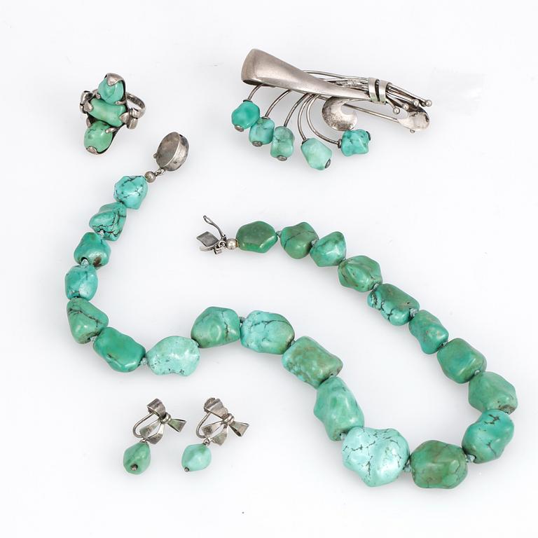 SMYCKESSET, 4 delar, turkoser och silver, bla JAT, Finland, 1948.