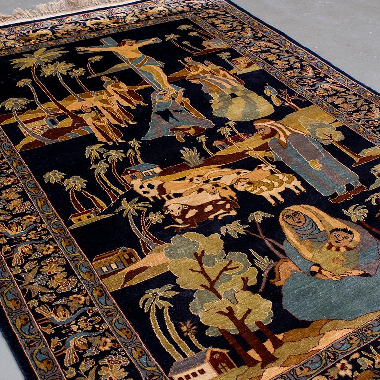 An oriental figural silk rug, around 181 x 124 cm.