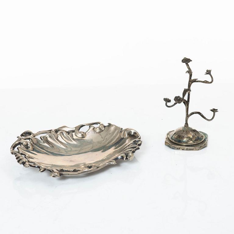 Three cups, dish, basket, jug, bowl, and ring holder, silver.
