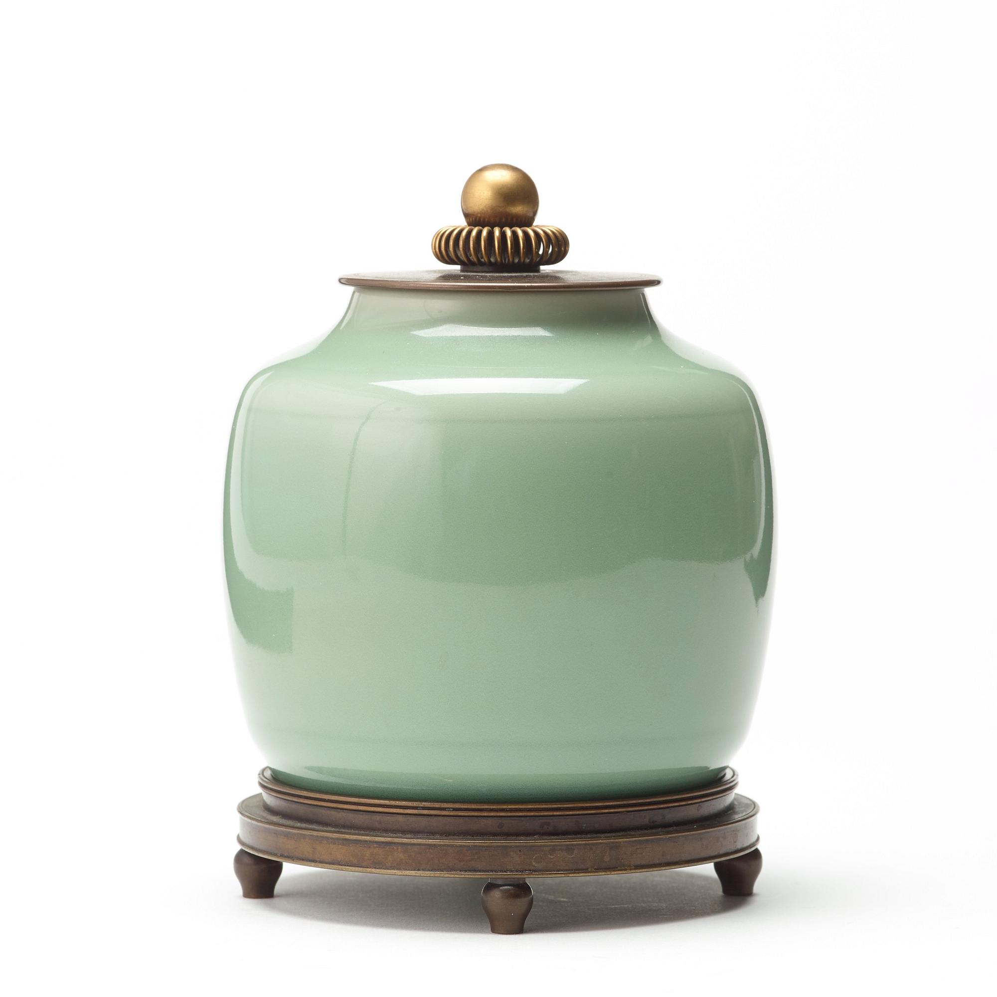 Knud Andersen, A Knud Andersen stoneware jar with patinated bronze cover and stand, Royal Copenhagen, Denmark.
