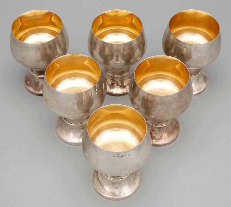 BÄGARE, 6 st, silver, Tyskland, 1900-tal. Totalvikt 825 gram.