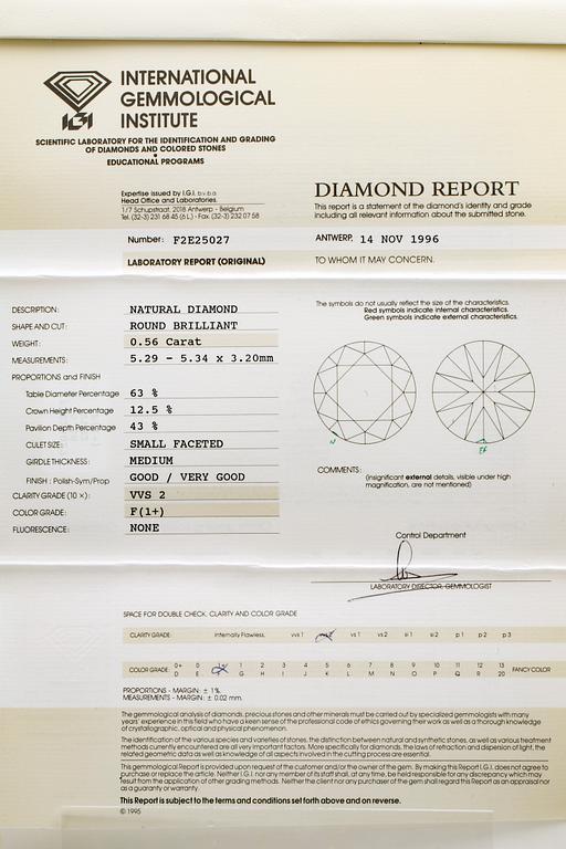 Brilliant-cut diamond, 0,56 ct F VVS2, IGI certificate F2E25027, 1996.