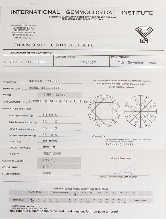 A DIAMOND, brilliant cut, D / VVS 1 0.54 ct.