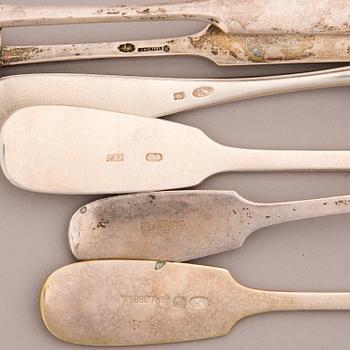 Set of five late 19th Century Russian silver spoons and a sugar tong.