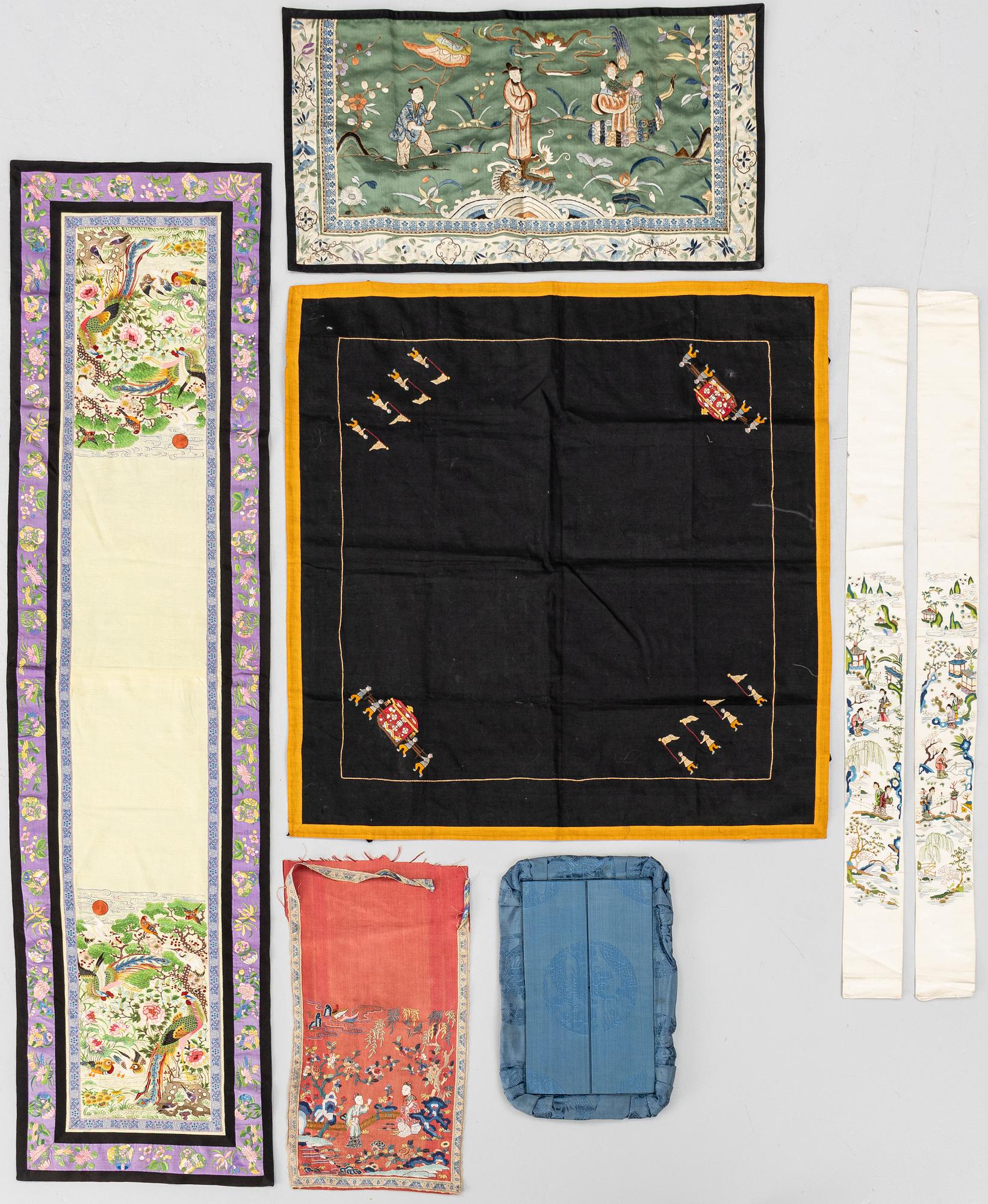 A group lot of embroidered silk textiles and a silk sowing purse, late Qing dynasty/early 20th century.