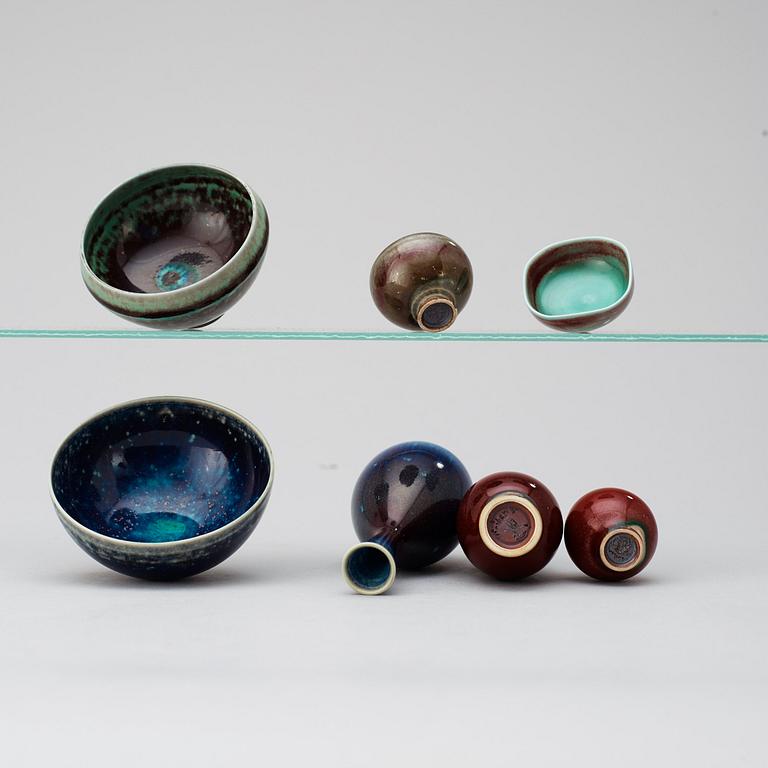 A Berndt Friberg set of 7 miniature vases and bowls, Gustavsberg Studio.
