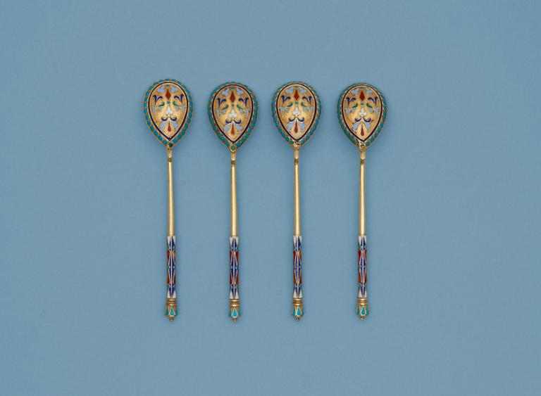 A set of four Russian 19th century silver-gilt coffee-spoons, unidentified makers mark, Moscow 1880's.