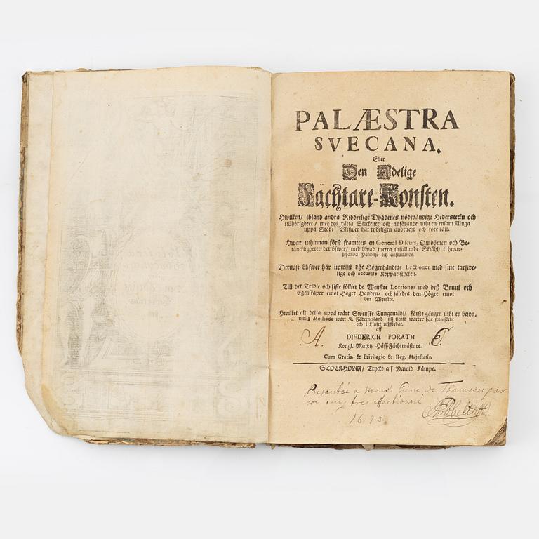 First Swedish book on fencing, with engravings, 1693.