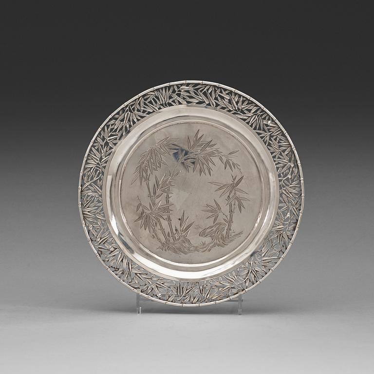 A silver salver decorated with bamboo Makers mark Zee Wo, Shanghai, early 20th century.