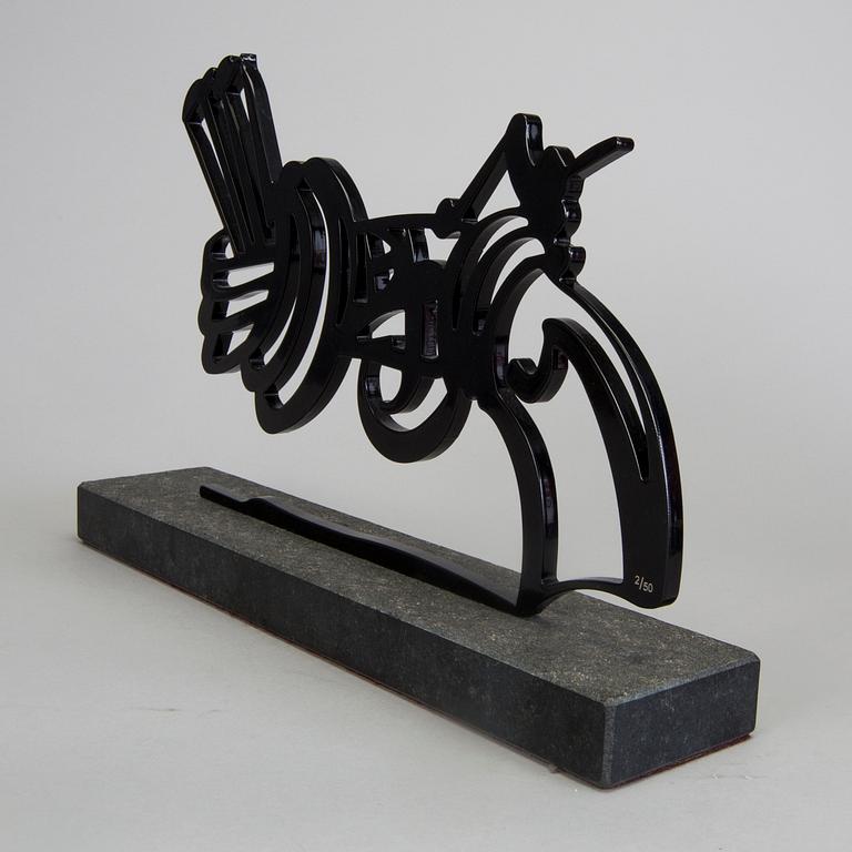 CARL FREDRIK REUTERSWÄRD, culpture, black painted steel on base of stone, signed CFR and numbered 2/50.