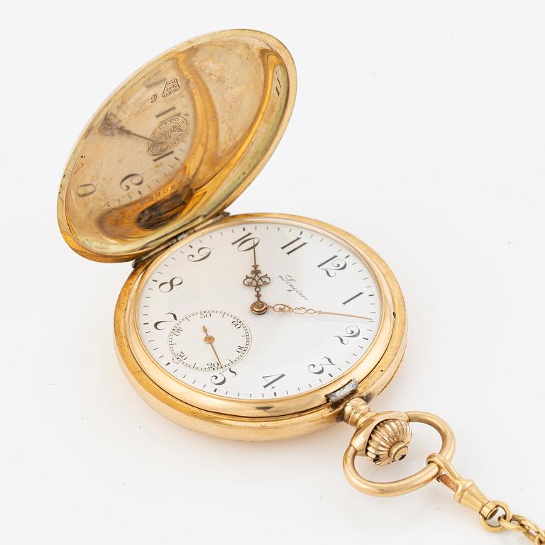 Longines, fickur, 14K guld, savonett, kedja i 18K guld, 51 mm.