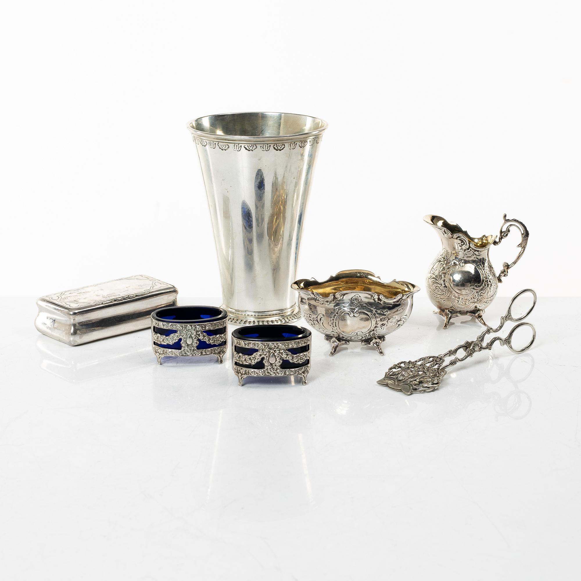 Samling silver, mestadels GEWE, 7 delar, vikt ca 550 gram.