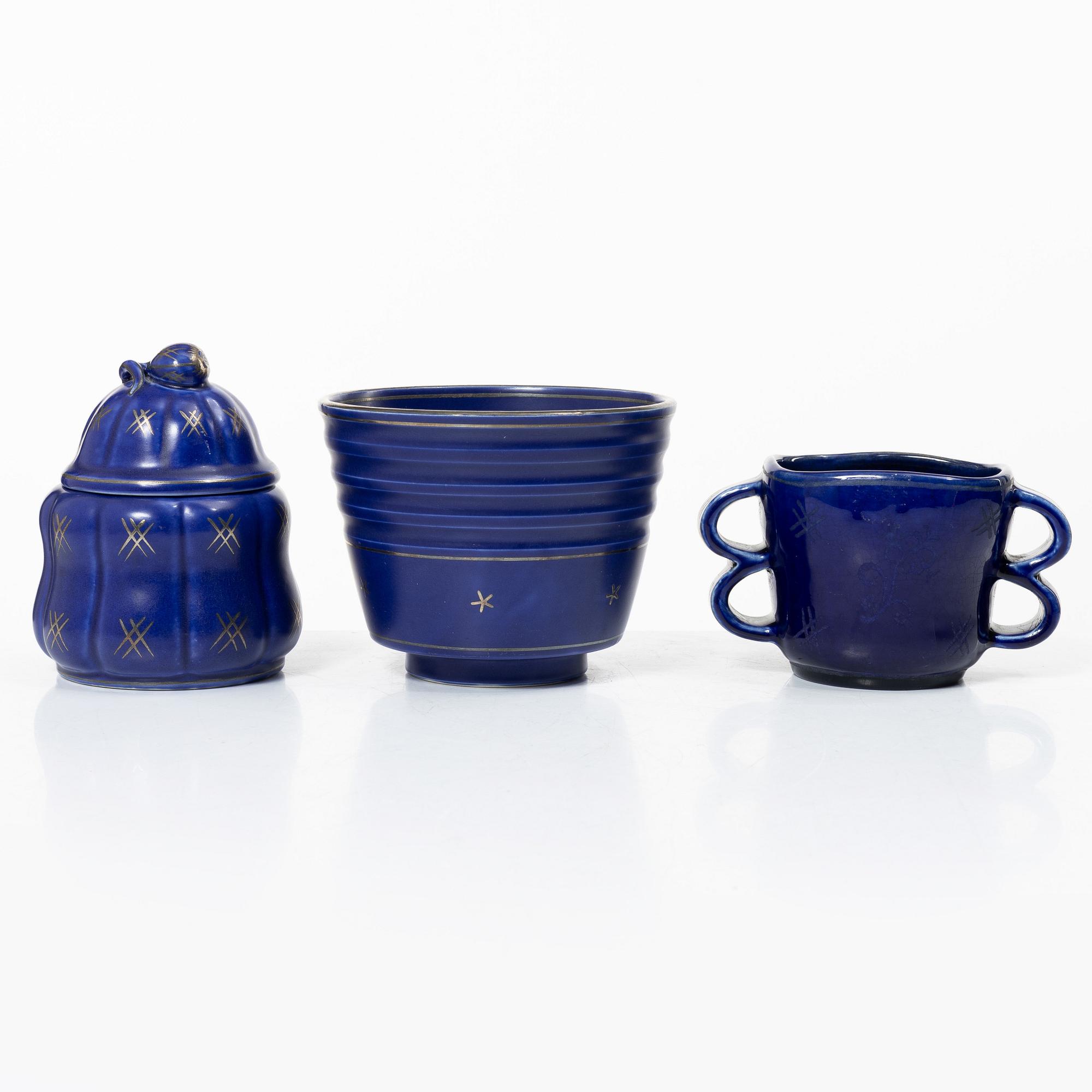Wilhelm Kåge, a vase, jar with cover, flower pot and plate, Gustavsberg, Sweden, 1924-1930.