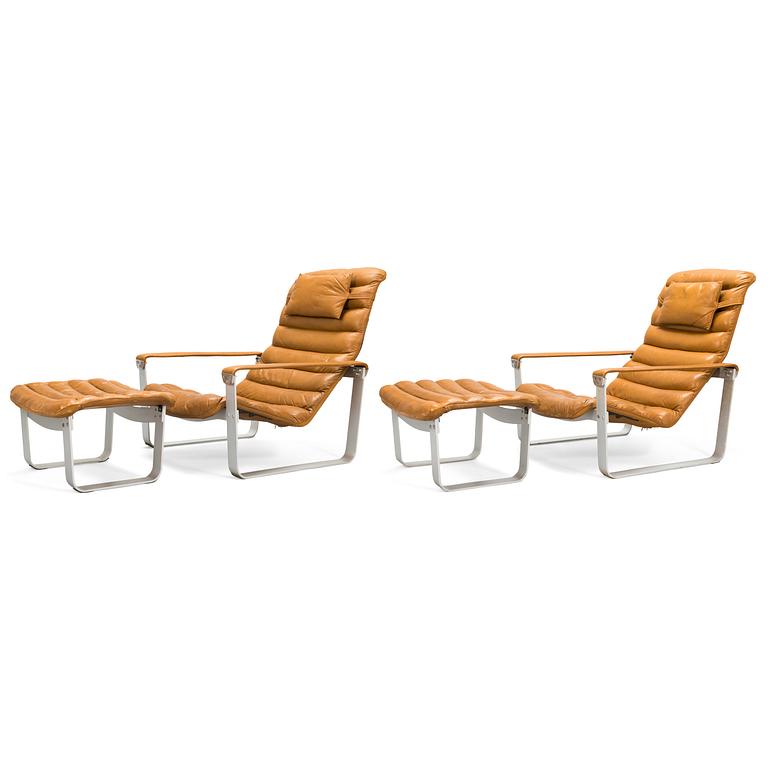 ILMARI LAPPALAINEN, a pair of 'Pulkka' lounge chairs with ottomans for , Asko, Finland.