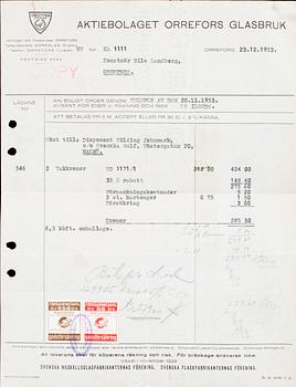 TAKLAMPA, enligt inköpskvitto Nils Landberg, Orrefors, 1953.