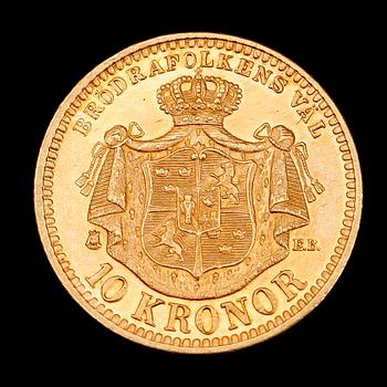 GULDMYNT, 10 kr, Oscar II, 1894. Vikt ca 4 g.