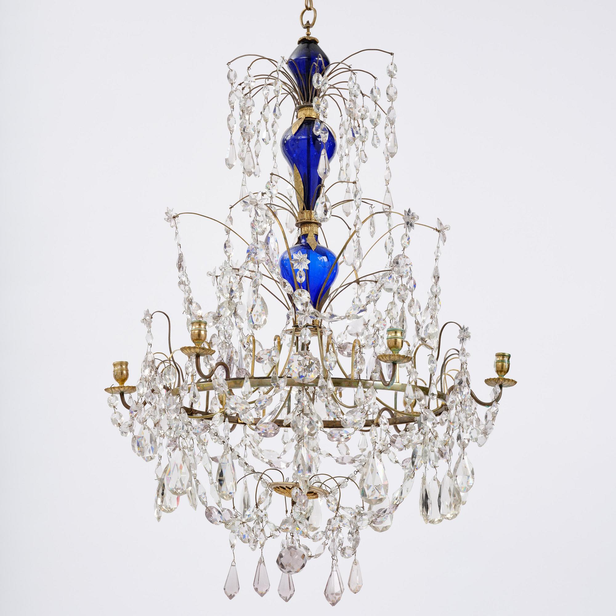 A Russian / Northern European Louis XVI-style gilt brass and blue glass six-branch chandelier, 19th century.