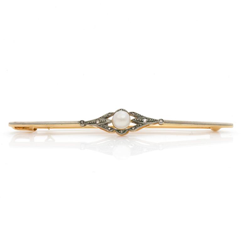 A bar brooch set with a cultured pearl and diamonds.
