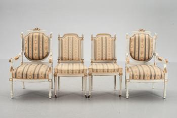 KARMSTOLAR, ett par samt STOLAR, ett par, Louis XVI stil. 1900-talets början.