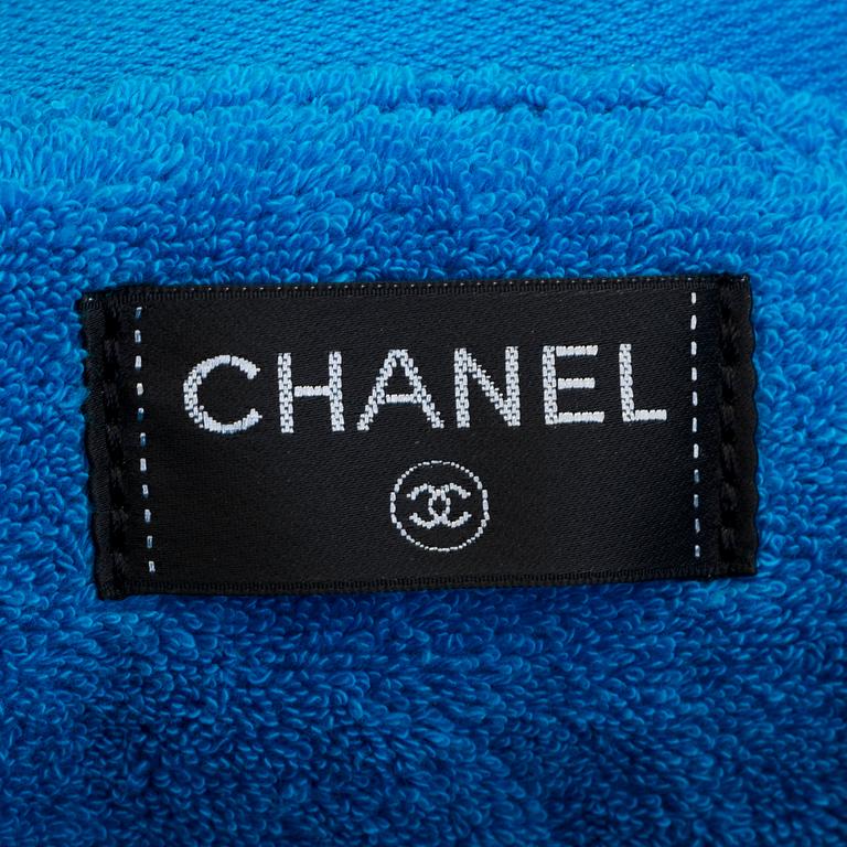 A Jumbo Bright Turquoise Blue "CC" Logo Cotton TERRY Cloth Beach Bag TOTE by Chanel and matching towel.