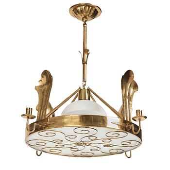 Lars Holmström, a Swedish Grace brass ceiling chandelier, Arvika Sweden 1920s-1930s.