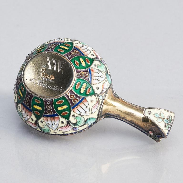 A Russian early 20th century silver and enameled kovsh, mark of the 26th Artel, Moscow 1908-1917.