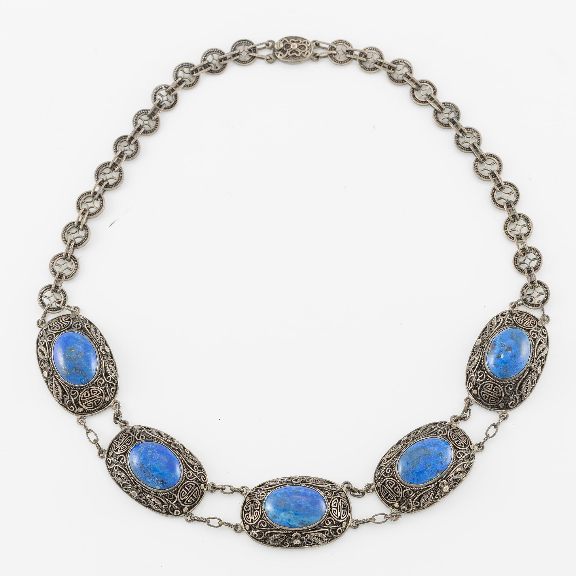 Necklace and earrings, silver with lapis lazuli.