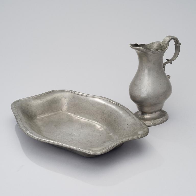 A SWEDISH PEWTER BOWL AND EWER, Rococo, Stockholm early 19th century.