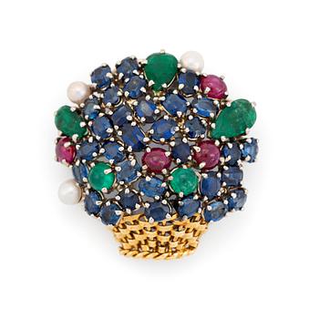 425. An 18K gold Carlman brooch set with sapphires, emeralds, rubies and pearls.