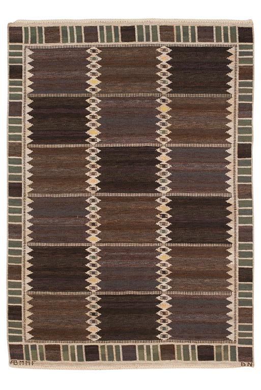 RUG. "Salerno mörk med enkel bård". Flat weave. 205,5 x 148,5 cm. Signed AB MMF BN.