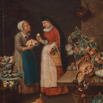 Pieter Angellis Attributed to, Market scenes after Frans Snyders; ”Der Obstmarkt”, ”Der Gemüsemarkt”, ”Der Wildbrethändler”, ”Der Fischmarkt”.